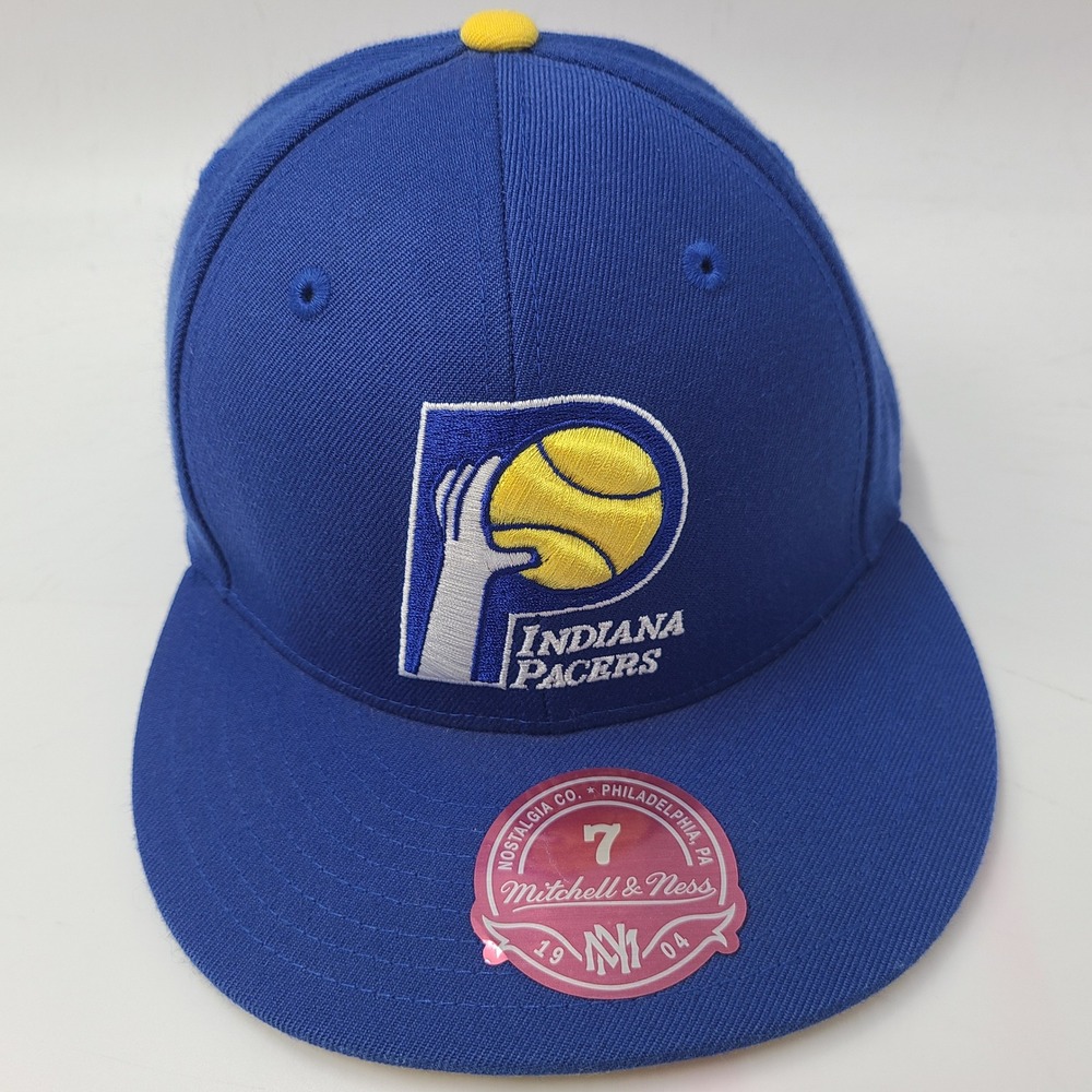 Indiana Pacers Hat Fitted 7 Mitchell & Ness Blue Yellow NBA Basketball Wool Men